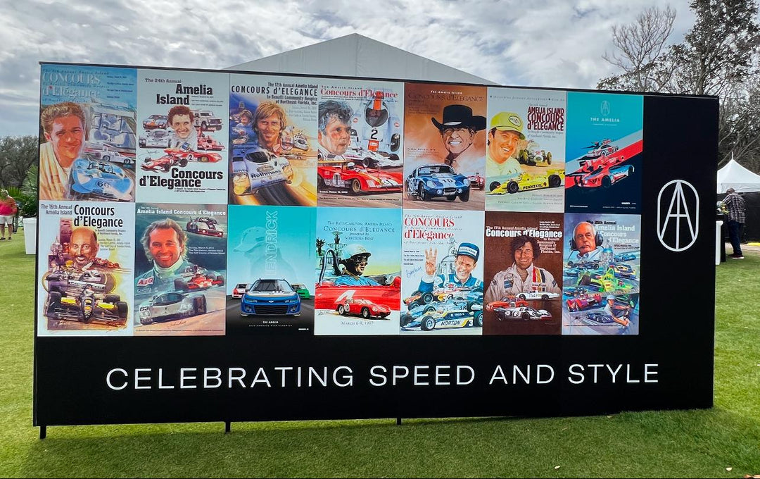 Collage of vintage car posters celebrating speed and style at The Amelia Concours event.