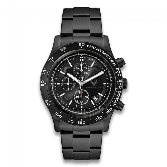 Stylish black chronograph watch with tachymeter and metal strap - perfect Father's Day gift.