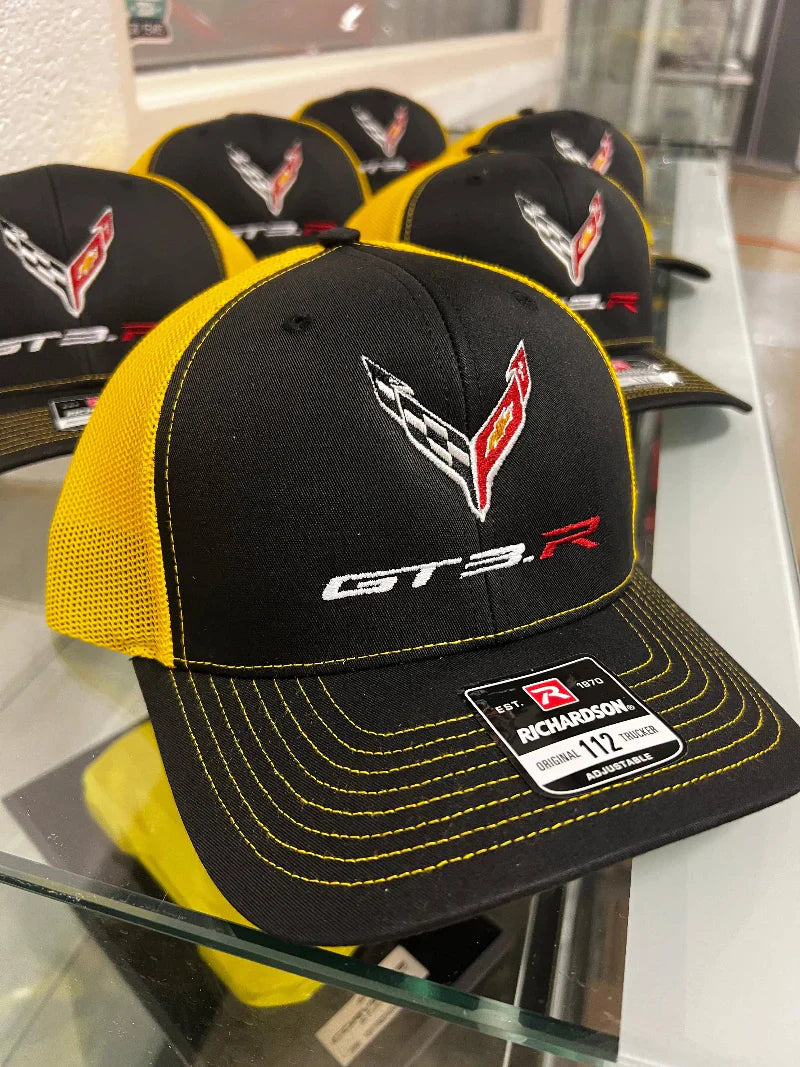 Corvette Racing GT3.R hat black and yellow Richardson 112 trucker cap with embroidered logo