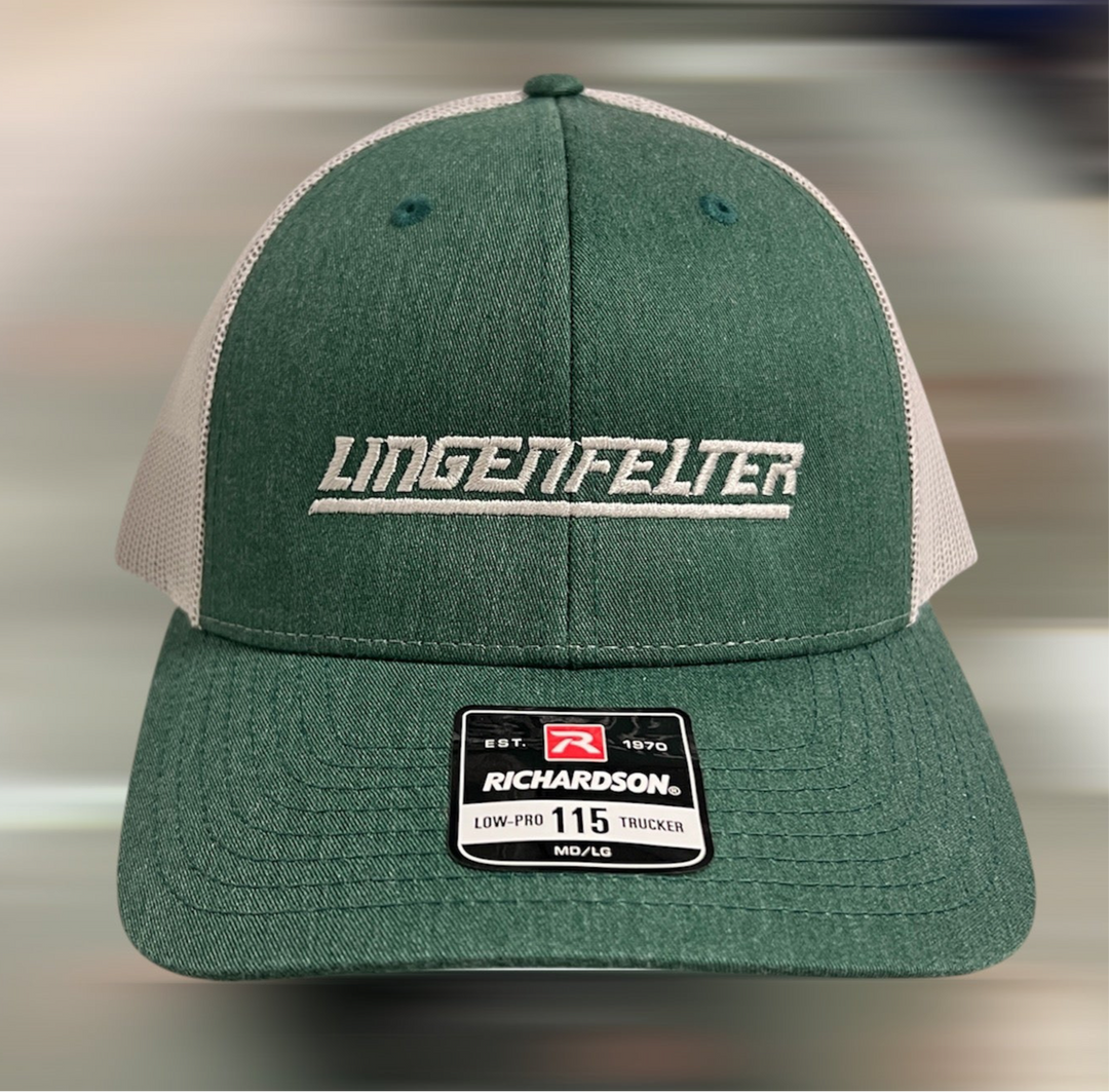 Green cap with 'Lingenfelter' branding on a blurred background