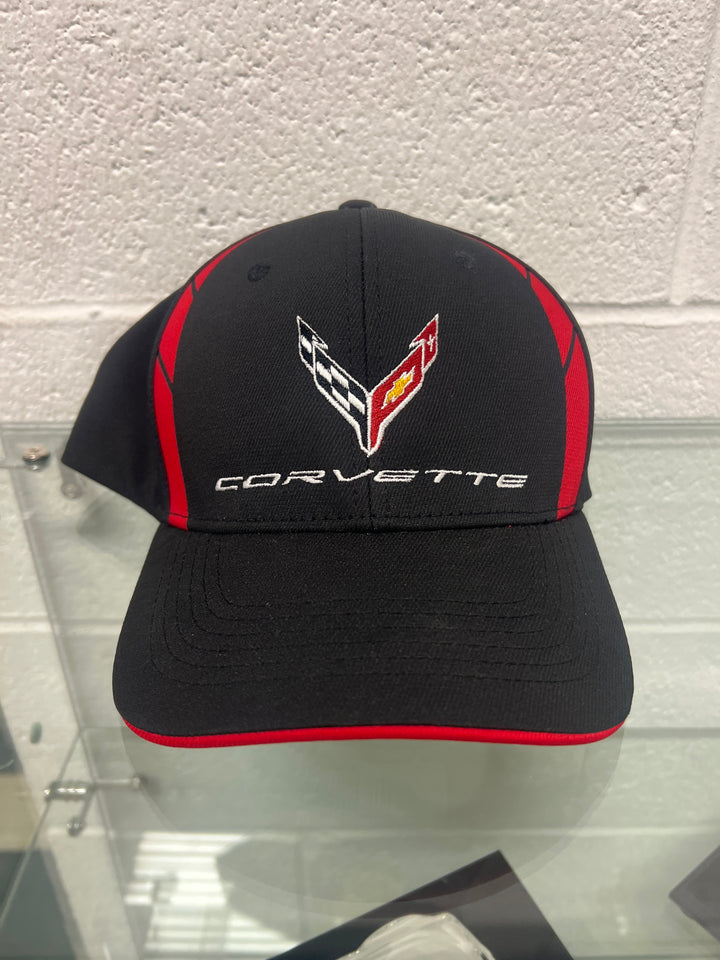 Black C8 Corvette hat by Lingenfelter Race Gear featuring embroidered Corvette logo and adjustable strap.