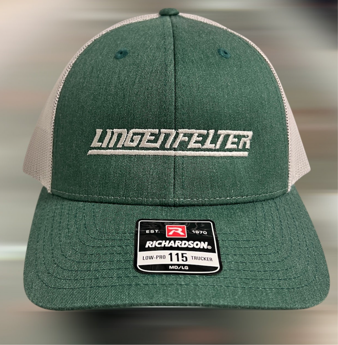 Green and white cap with 'Lingenfelter' branding on a gray background