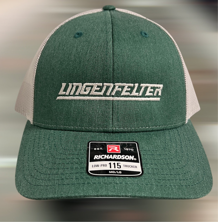 Green and white cap with 'Lingenfelter' branding on a gray background