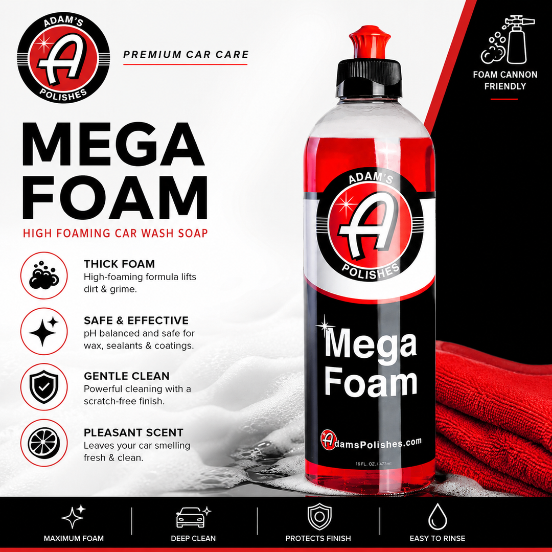 Bottle of Adam's Polishes Mega Foam car wash soap with product details on a white background