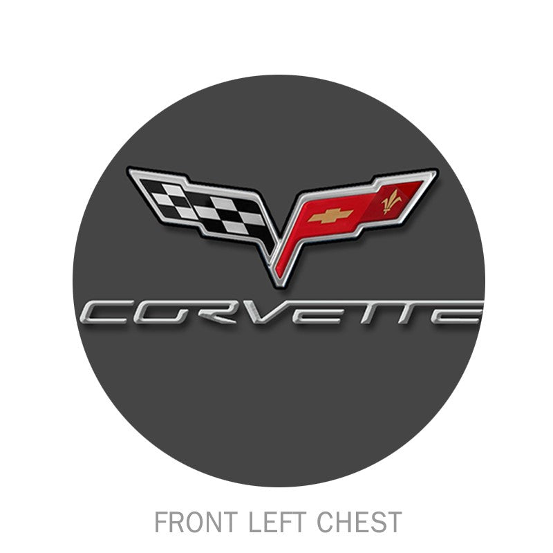 Charcoal C6 Chevy Corvette T-shirt by Team Lingenfelter, front left chest view, casual men's shirt with Corvette logo design.