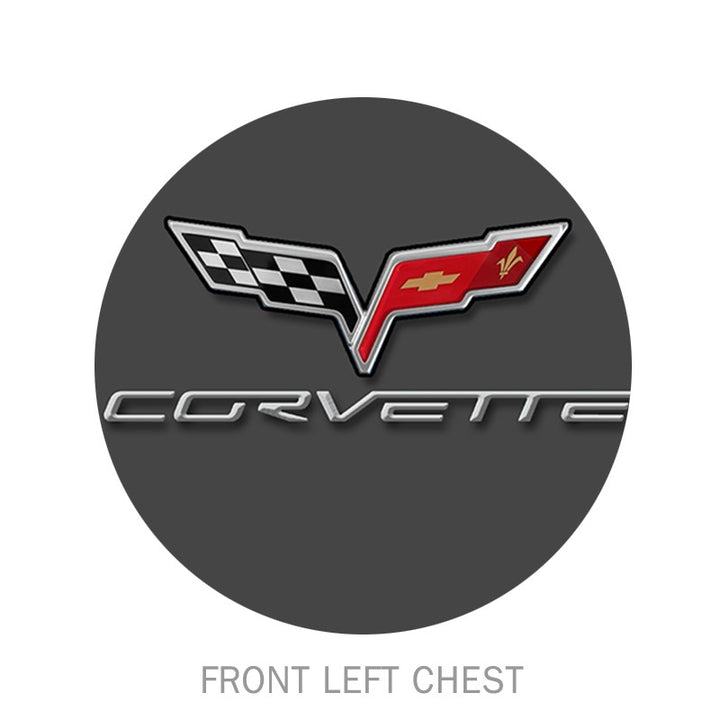 Charcoal C6 Chevy Corvette T-shirt by Team Lingenfelter, front left chest view, casual men's shirt with Corvette logo design.