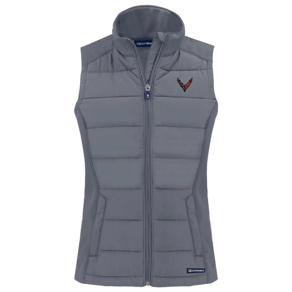 Gray soft shell vest for women by Lingenfelter Race Gear, designed for C8 Corvette enthusiasts, shown on a model.