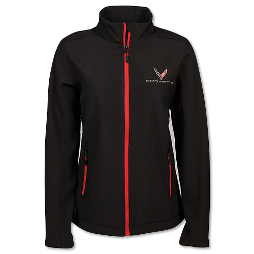 Lingenfelter Race Gear women's C8 Corvette Matrix soft shell jacket, stylish black coat with Corvette logo details.