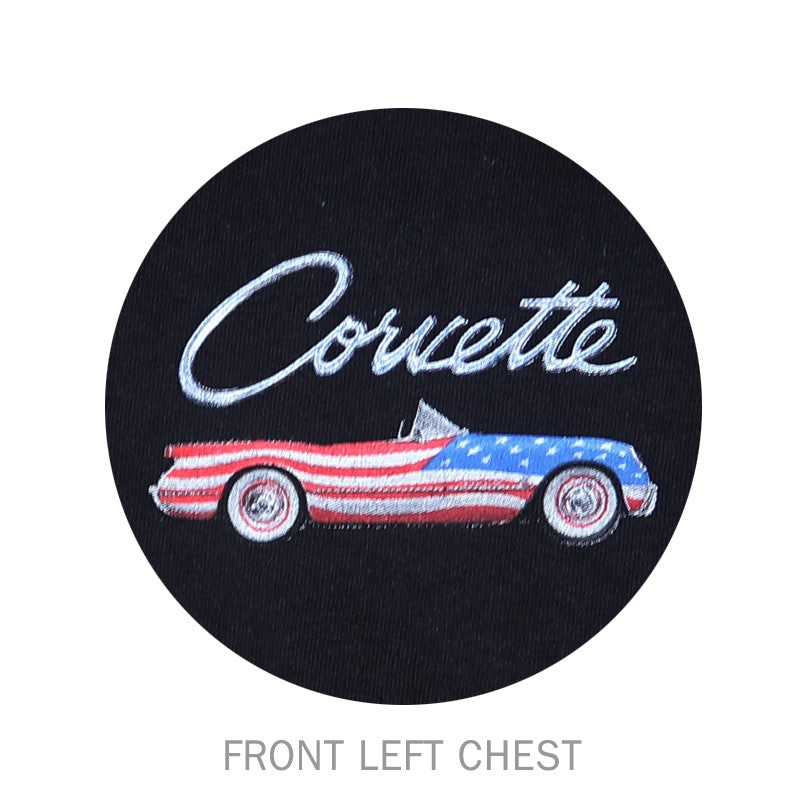 Black C7 Corvette Flag T-Shirt for men by Team Lingenfelter, featuring a Corvette flag graphic on the left chest.