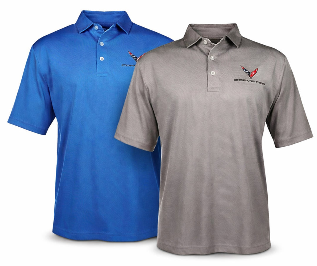 Men’s C8 Corvette Birdseye Polo shirt by Lingenfelter Race Gear, featuring a detailed Corvette C8 design on the front.
