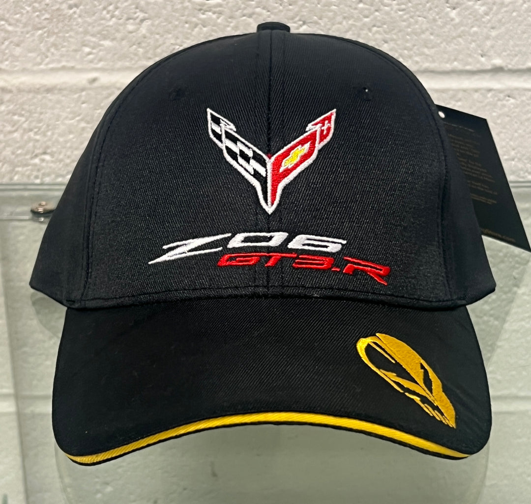 Black Corvette GT3.R racing cap with yellow accents, featuring the Lingenfelter Performance Engineering logo.