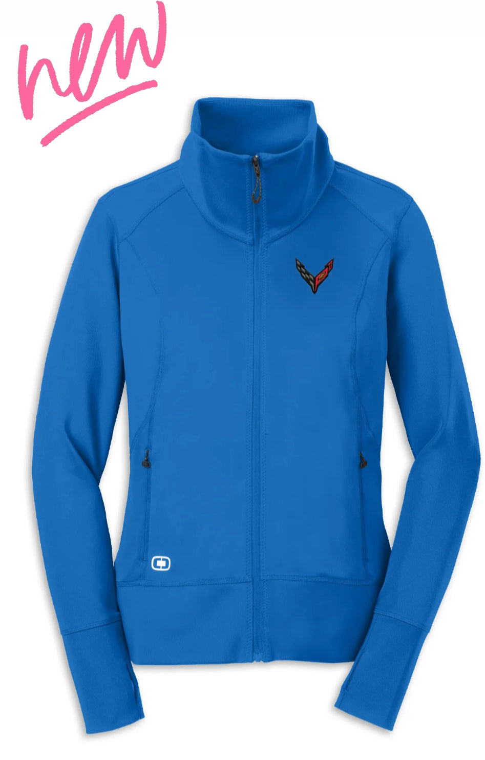 Electric blue C8 Corvette ladies full-zip fleece jacket by Team Lingenfelter, featuring Corvette logo and GM licensing details.