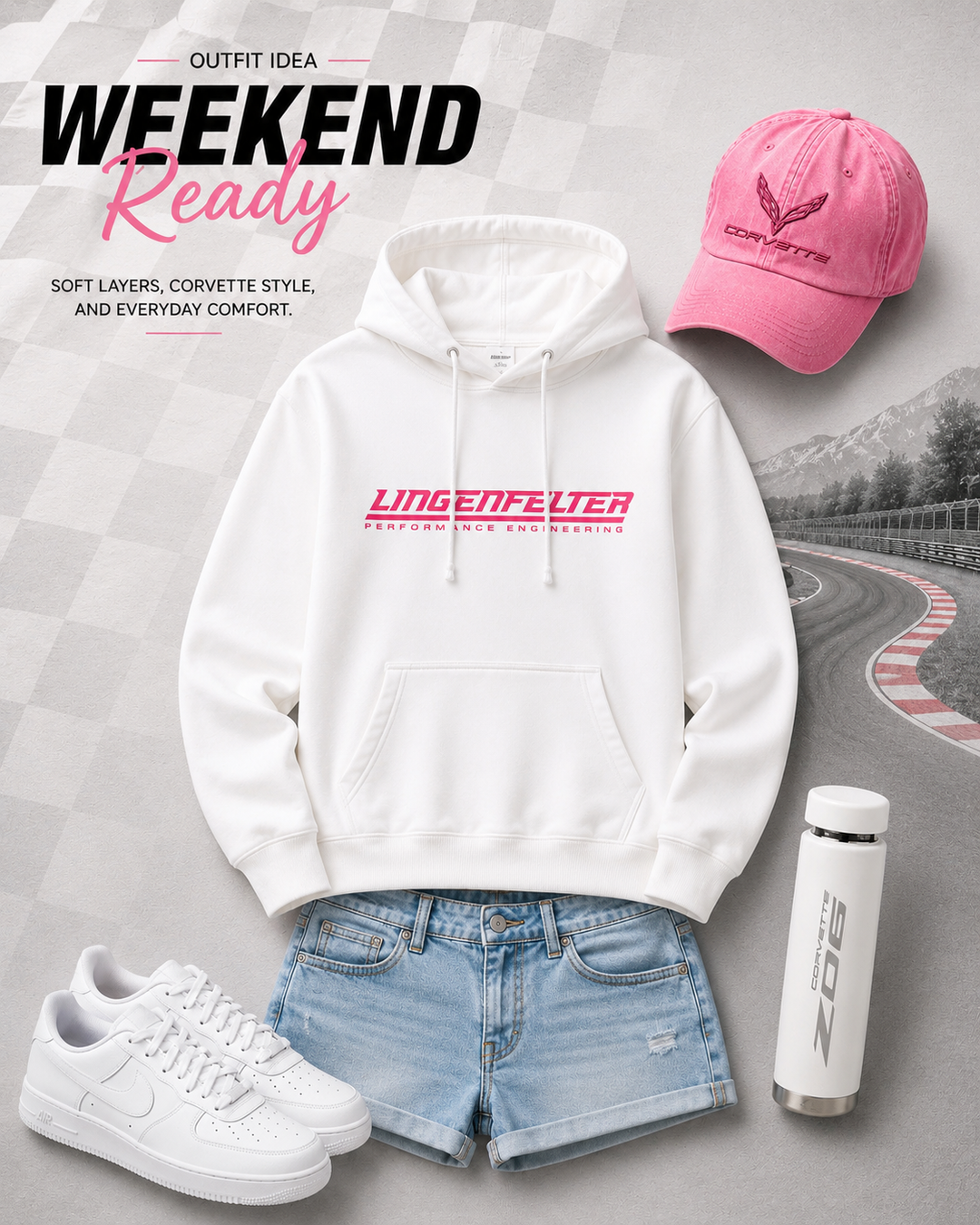 White hoodie with red text, pink cap, white sneakers, denim shorts, and white water bottle on a road background. Team Lingenfelter