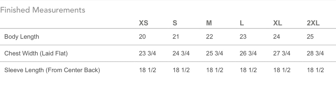 Measurement chart for clothing sizes XS to 2XL with body length, chest width, and sleeve length details.