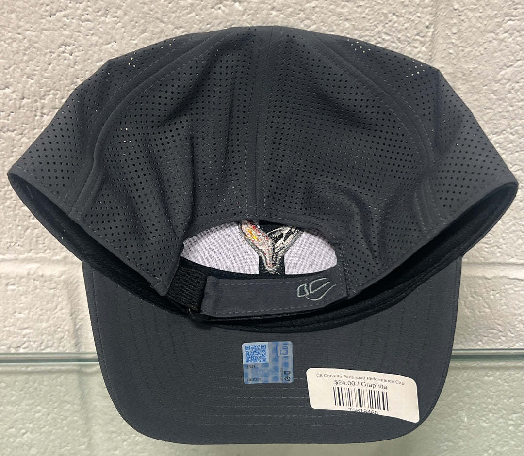 Lingenfelter Race Gear C8 Corvette perforated performance hat, black with embroidered logo and adjustable strap, full front view.