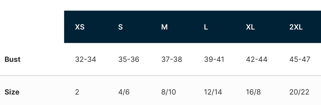 Size chart for clothing with bust measurements and corresponding sizes.