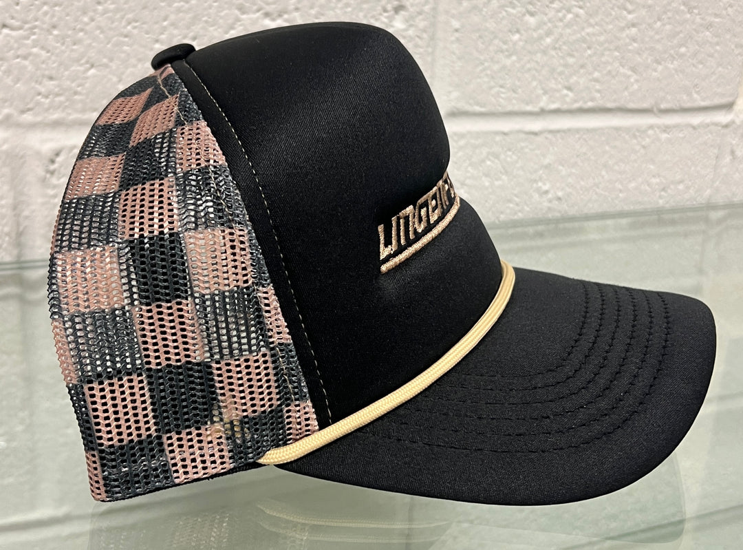 Lingenfelter Race Gear women's trucker hat with black and brown checkered pattern, adjustable mesh back and curved brim.