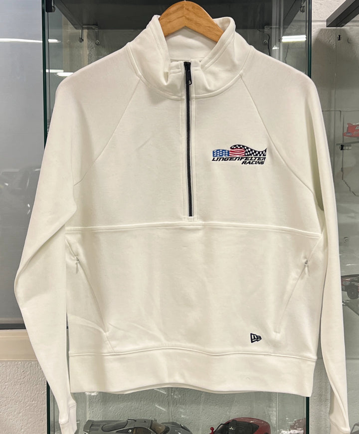 Lingenfelter Ladies Racing White Half Zip top for spring 2026, featuring a sleek design and Team Lingenfelter branding.