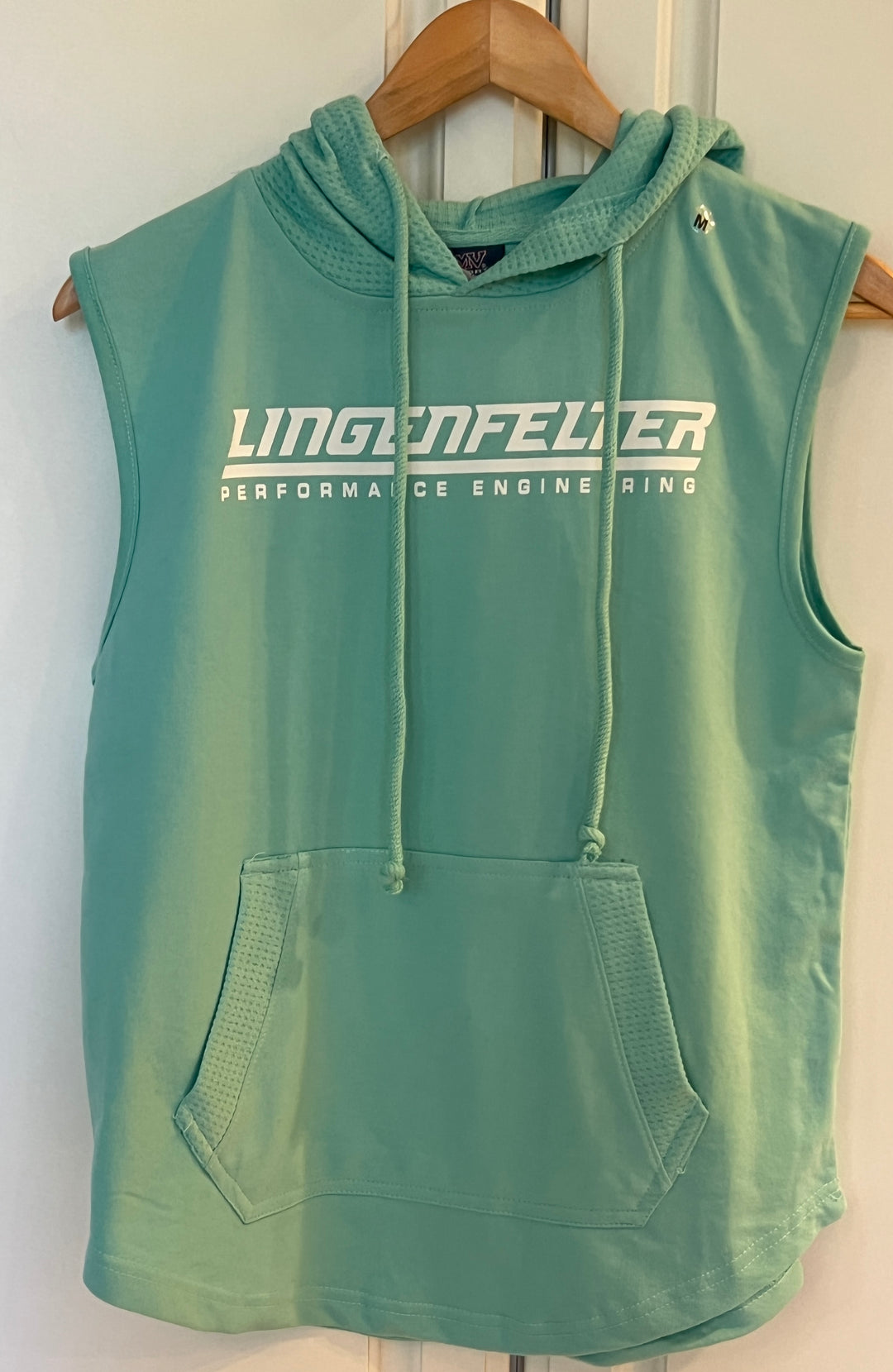Lingenfelter Race Gear ladies hooded sweatshirt in black with front pocket and logo, casual women's shirt with a relaxed fit.