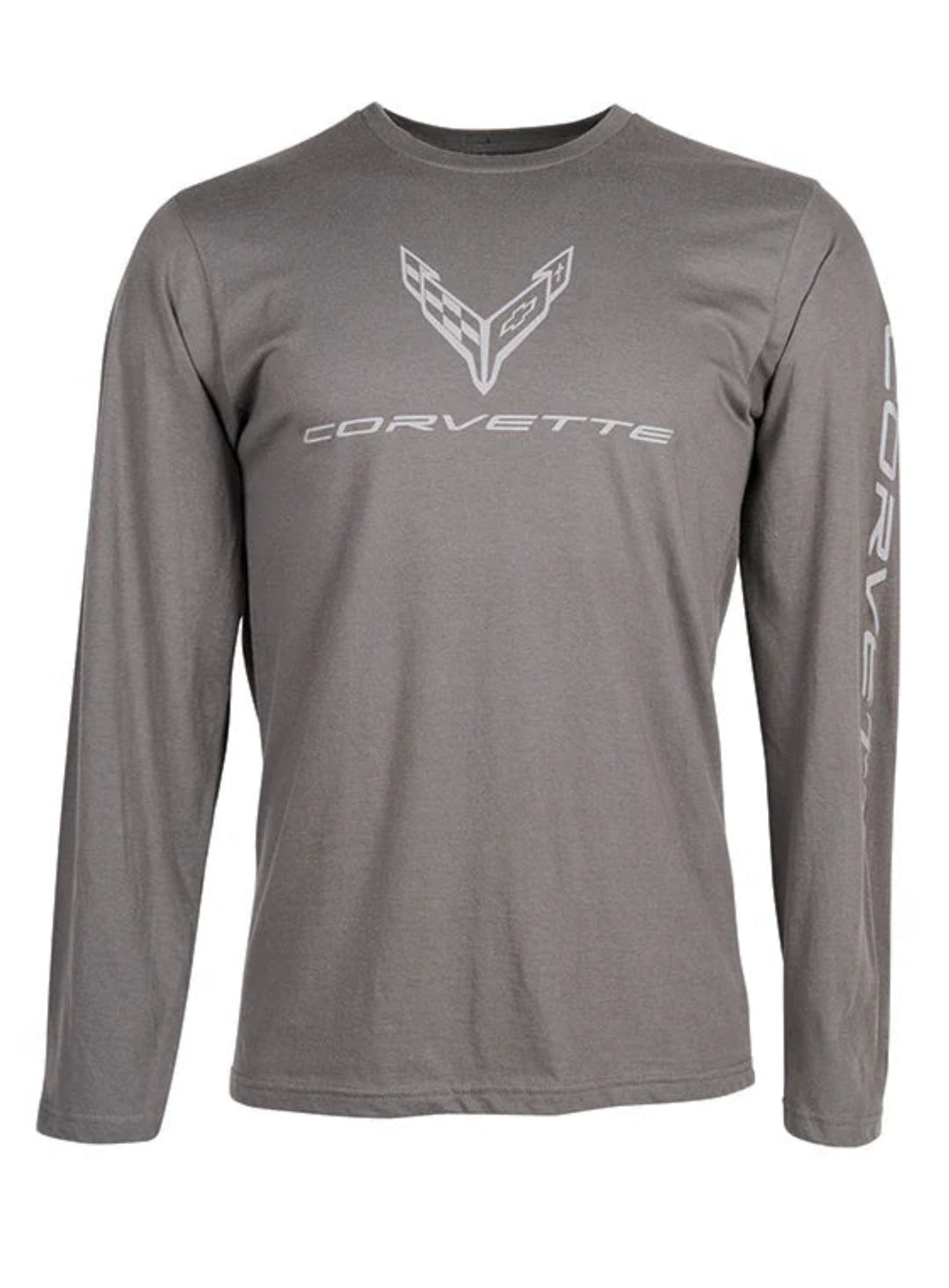 Front view of C8 Corvette Men’s Long Sleeve Grey T-Shirt with C8 logo on chest and Corvette Text on Sleeve