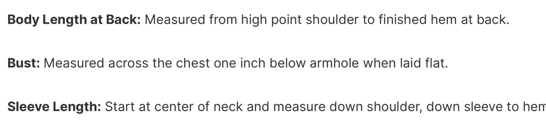 Measurement guide text for body length, bust, and sleeve length on a plain background