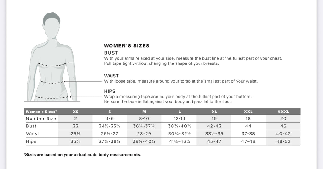 Measurement chart for women's sizes with a diagram of a person and instructions.