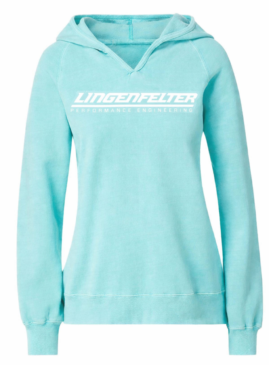 Light blue hoodie with 'Lingenfelter' logo on a white background