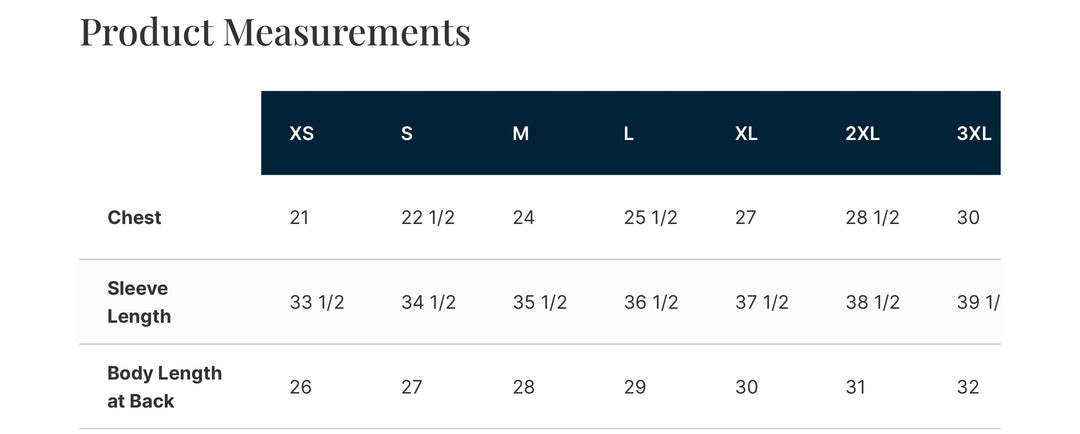 Product measurements chart for clothing with chest, sleeve length, and body length dimensions.
