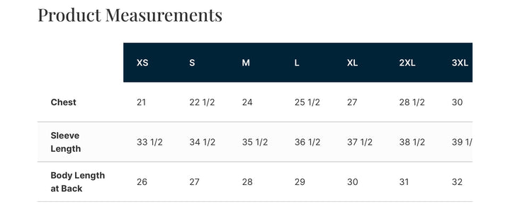 Product measurements chart for clothing with chest, sleeve length, and body length dimensions.