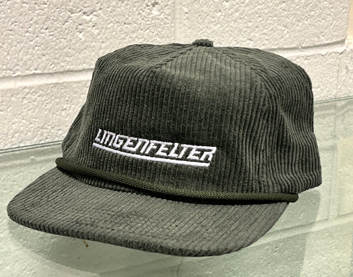 Dark gray corduroy cap with 'Lingenfelter' logo on a light gray background
