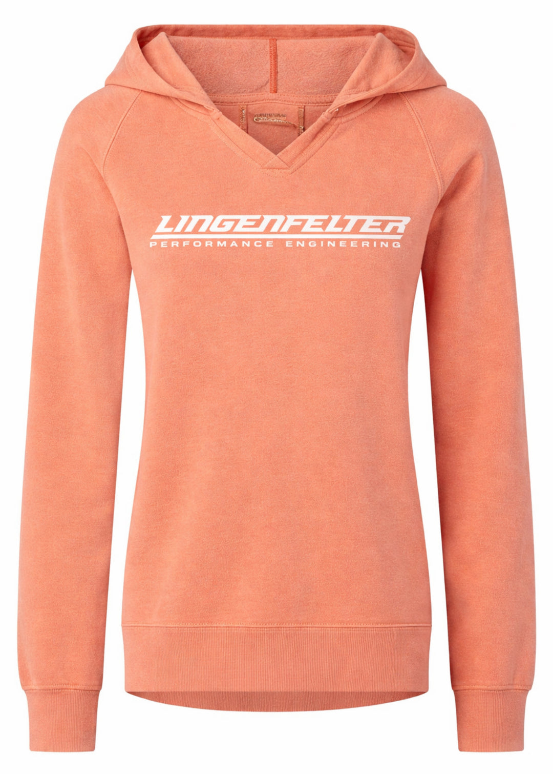 Peach-colored hoodie with 'Lingenfelter Performance Engineering' logo on a white background