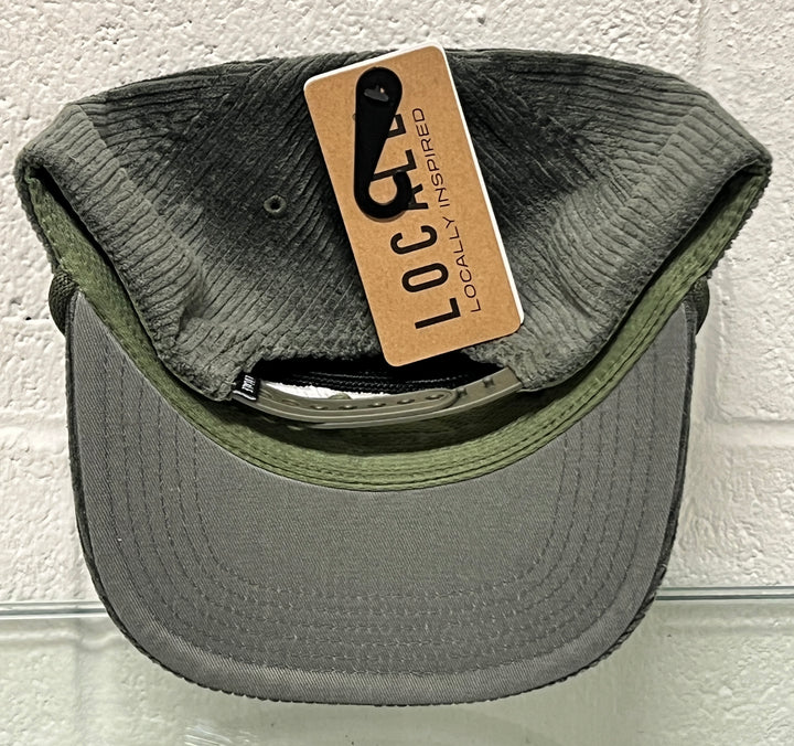 Gray cap with green bill and 'Locally Inspired' tag on a white background