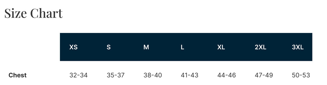 Size chart for clothing with chest measurements in centimeters.