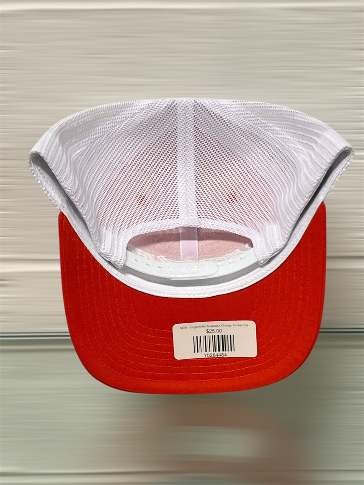 Red cap with white mesh back on a neutral background