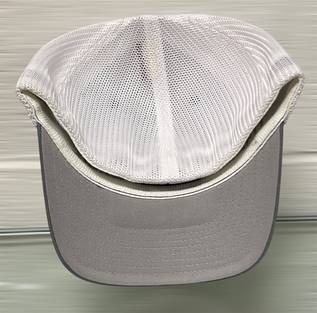 Gray baseball cap with white mesh back on a neutral background