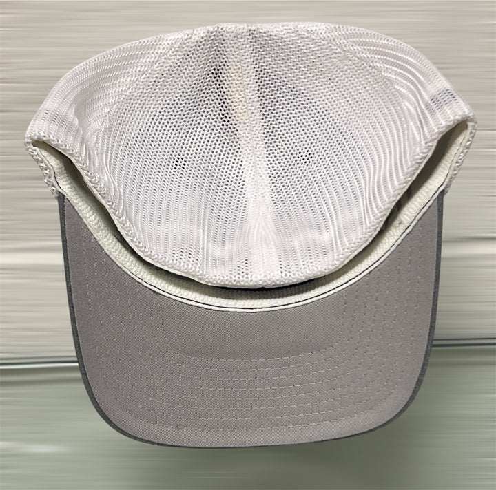 Gray baseball cap with white mesh back on a neutral background