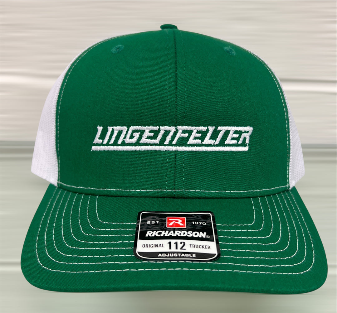 Green and white cap with 'Lingenfelter' branding on a neutral background