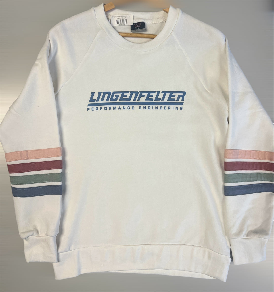 White sweatshirt with colorful sleeves and 'Lingenfelter Performance Engineering' logo on a gray background