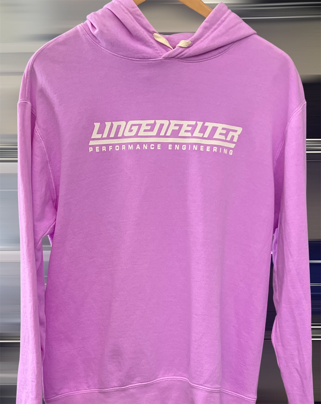 Purple hoodie with 'Lingenfelter Performance Engineering' text on a hanger.