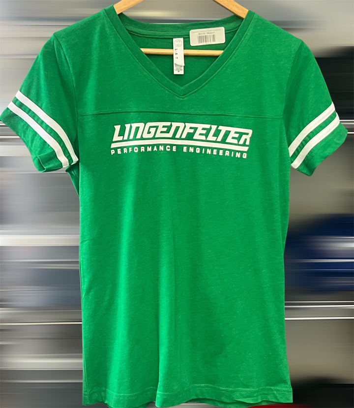 Team Lingenfelter ladies shirt, a stylish women's tee with Lingenfelter Performance Engineering branding, shown on a hanger.