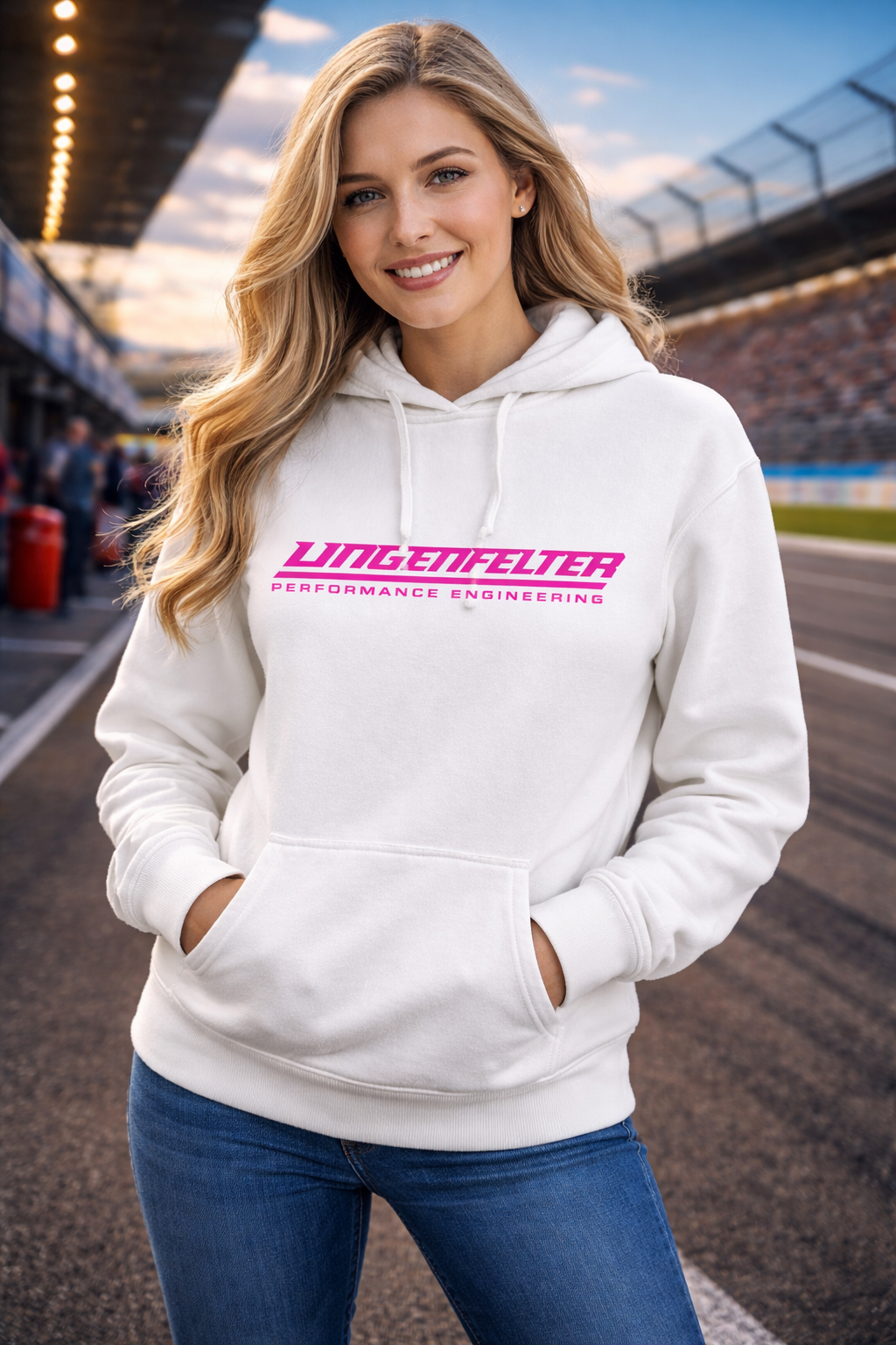 Spring 2026 - Lingenfelter Pullover Ivory Fleece Hoodie Pink Logo - Team Lingenfelter