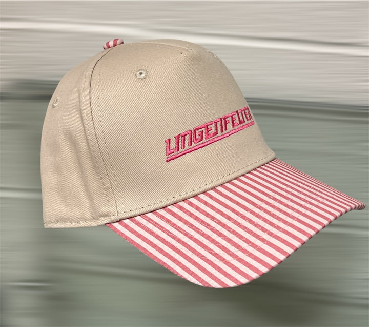 Pink striped Lingenfelter ladies' hat from spring 2026 collection by Team Lingenfelter, featuring a stylish wide brim and feminine design.