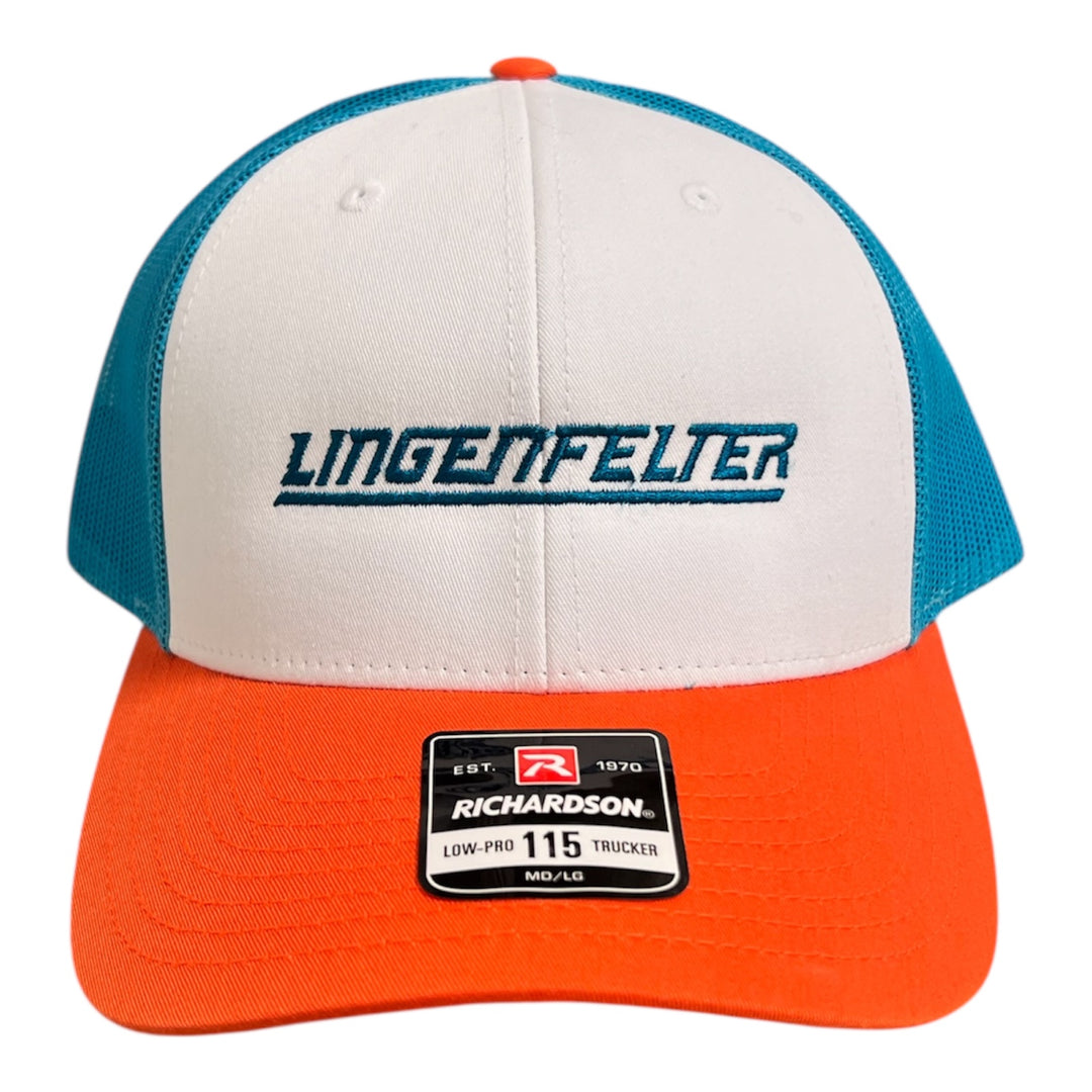 lingenfelter performance engineering orange/white and blue hat mesh snapback cap