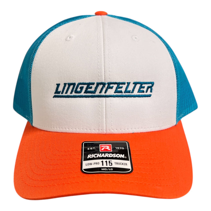 lingenfelter performance engineering orange/white and blue hat mesh snapback cap