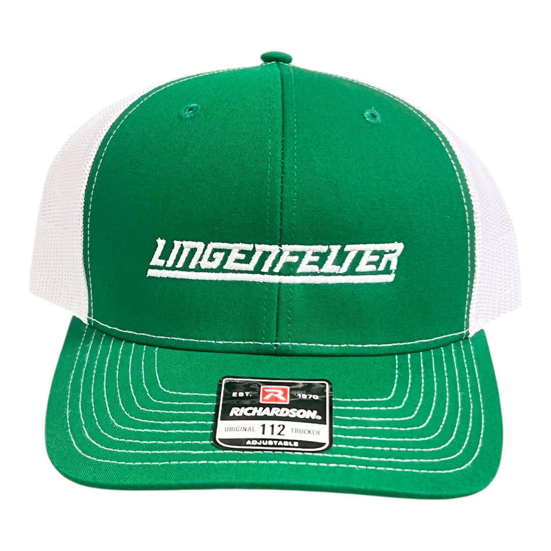 Green and white cap with 'Lingenfelter' branding on a white background