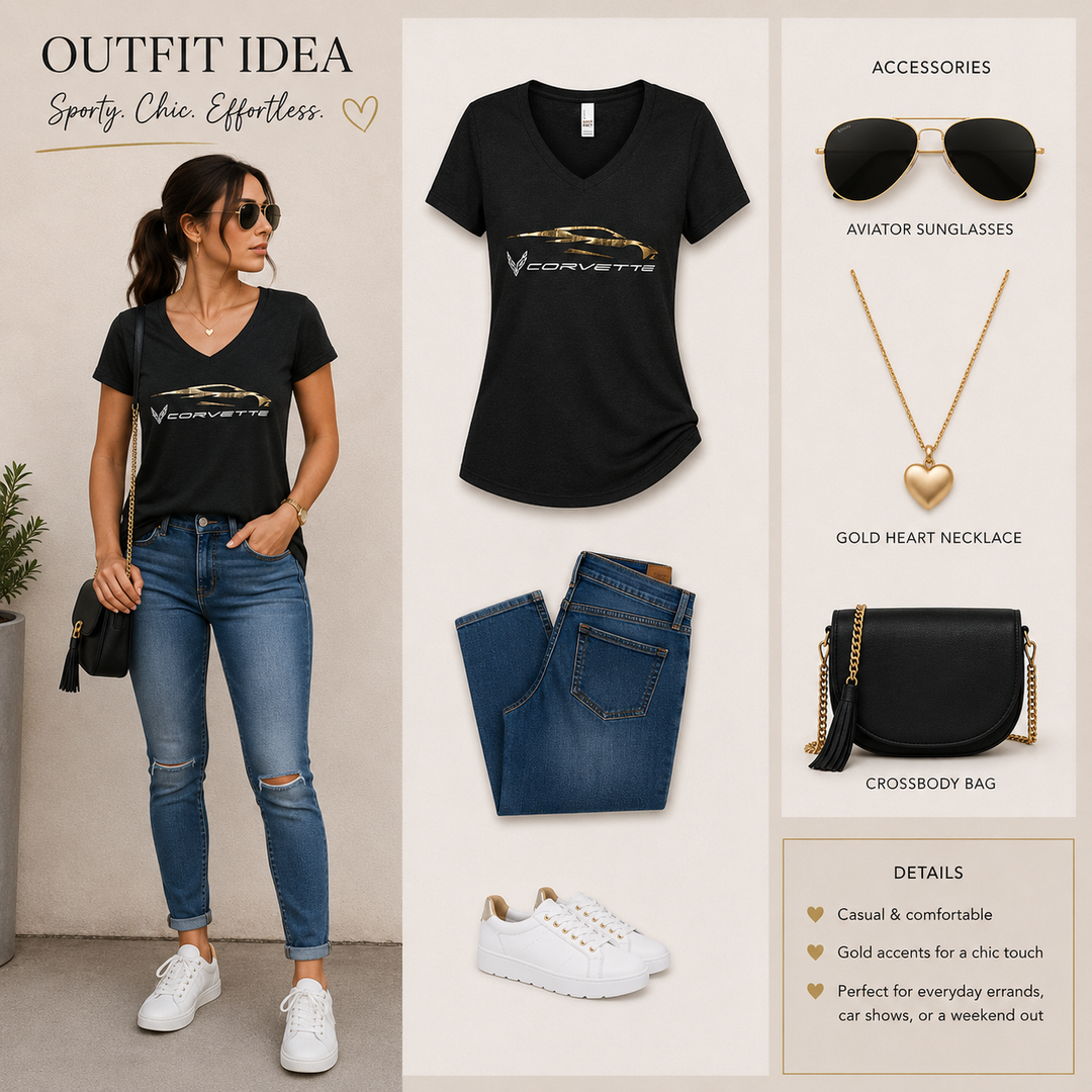 C8 corvette ladies apparel look book idea. Black C8 corvette shirt gold foil accents