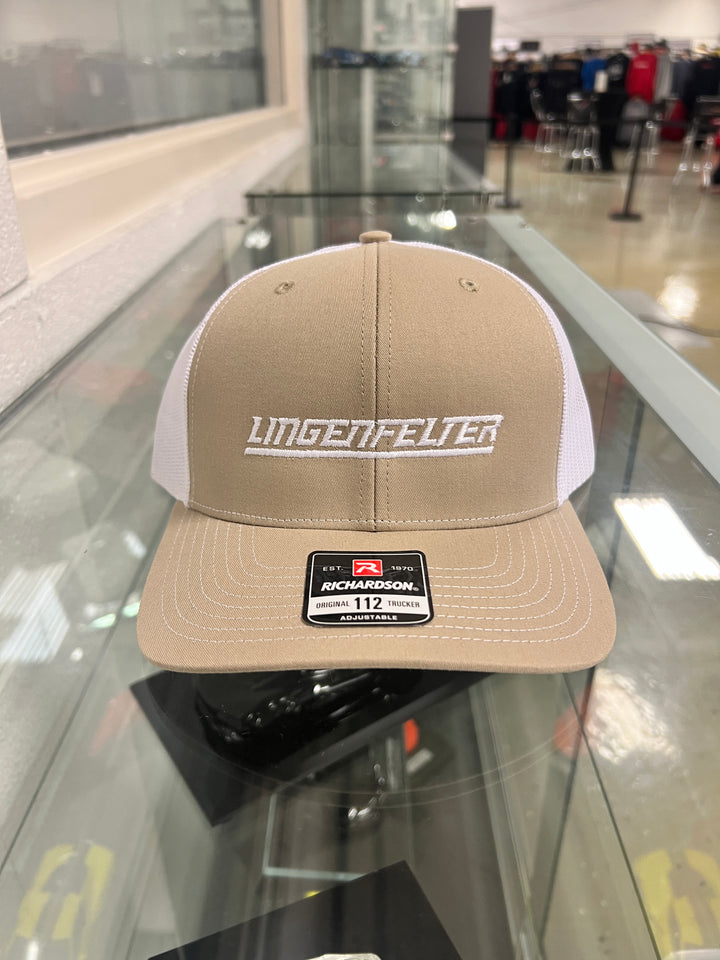 lingenfelter trucker hat in tan and white mesh back