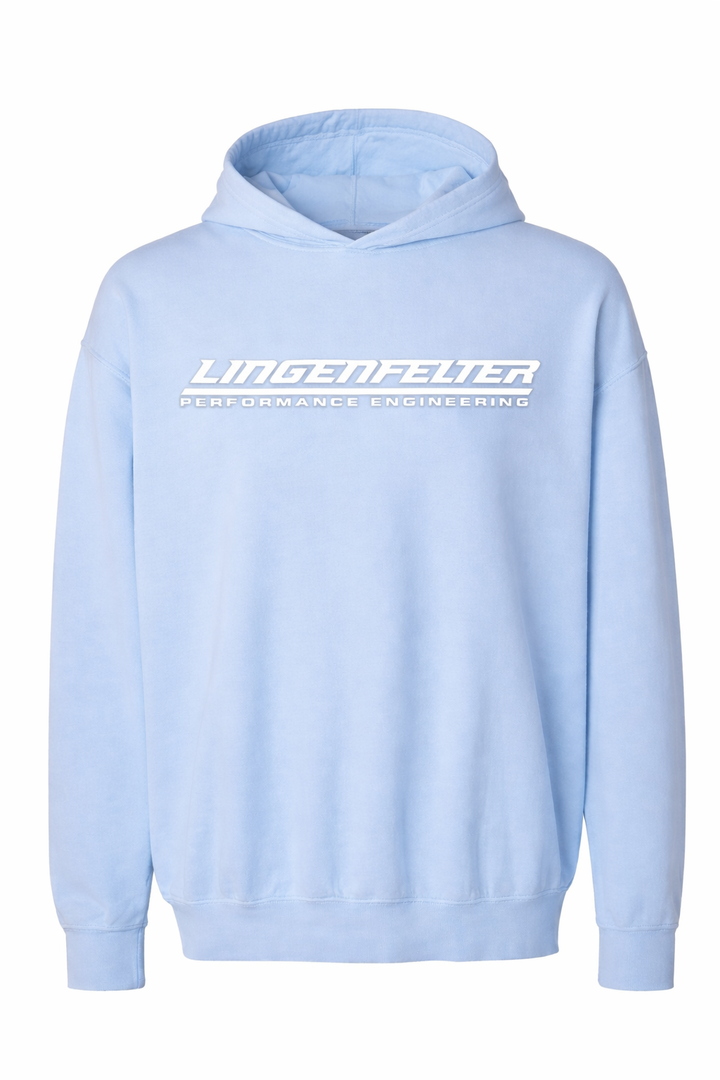 Lingenfelter Comfort Color hoodie for women in Hydrangea color, casual activewear sweatshirt with a relaxed fit.
