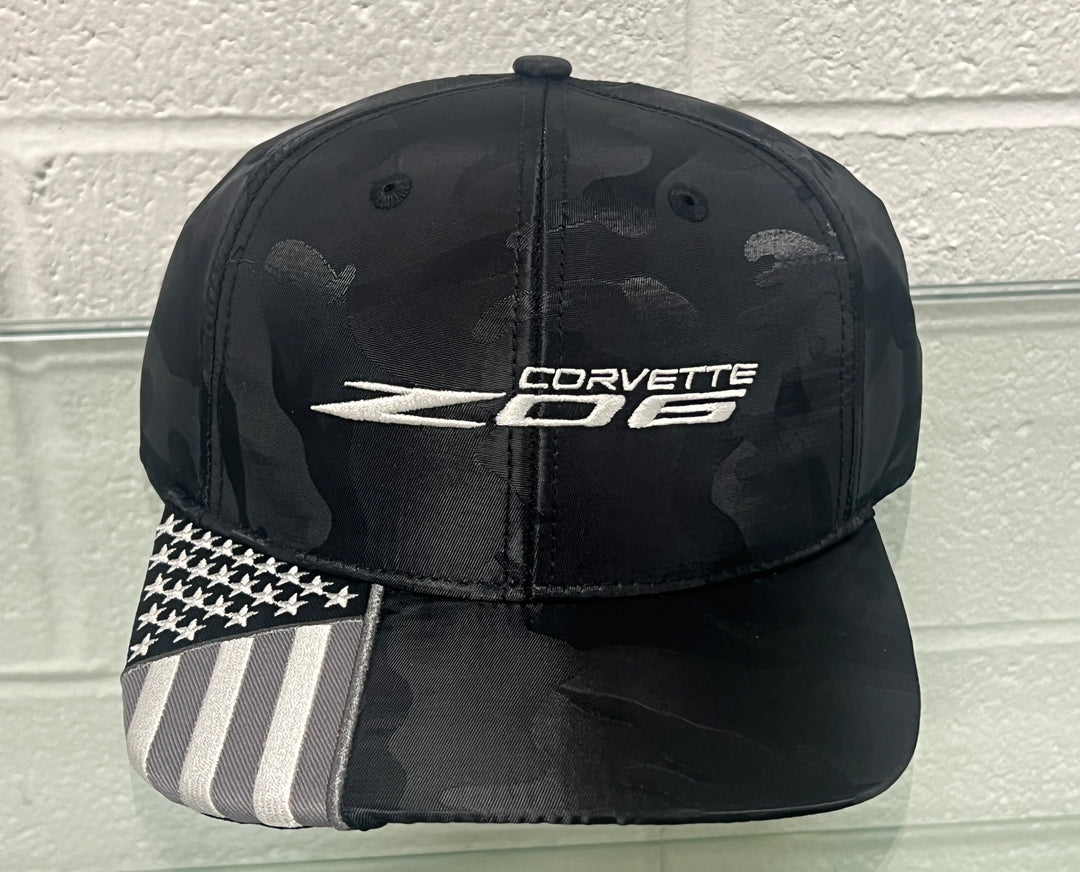 Black camo flag hat for C8 Corvette Z06 by Lingenfelter Race Gear, featuring a sporty design with Corvette branding.