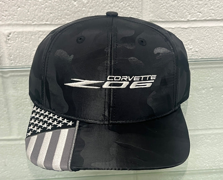 Black camo flag hat for C8 Corvette Z06 by Lingenfelter Race Gear, featuring a sporty design with Corvette branding.